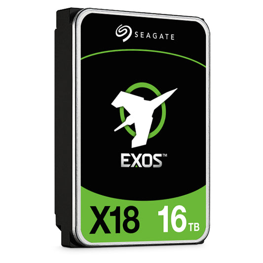 Seagate Exos X18 16TB 3.5" HDD with black and green design, high storage for servers.