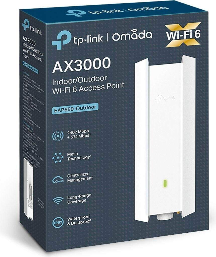 TP-LINK Omada EAP650-Outdoor - 2,4 GHz - 5 GHz - 3000 Mbit/s - WPA - WPA-Enterprise - WPA2 - WPA2-Enterprise - WPA3 - WPA3-Enterprise - 10,100,1000 Mbit/s